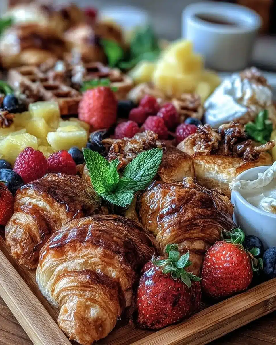 Delicious brunch board featuring various cheeses, fruits, and pastries