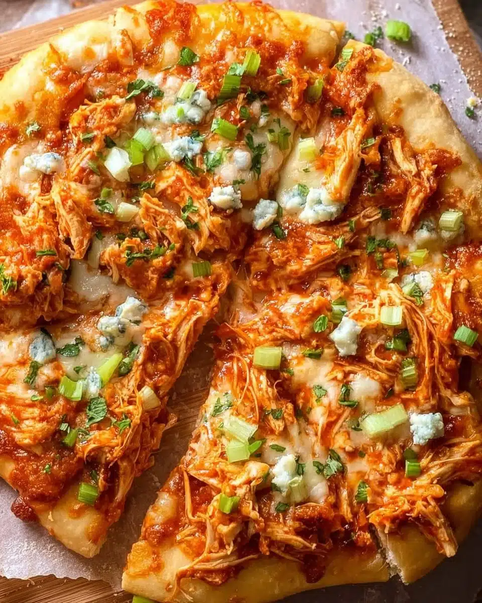 Delicious Buffalo Chicken Pizza topped with spicy sauce and melted cheese