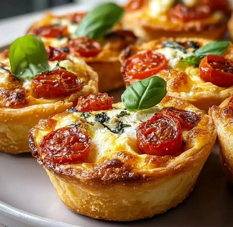 Delicious Caprese Mini Quiches with tomatoes, basil, and mozzarella cheese