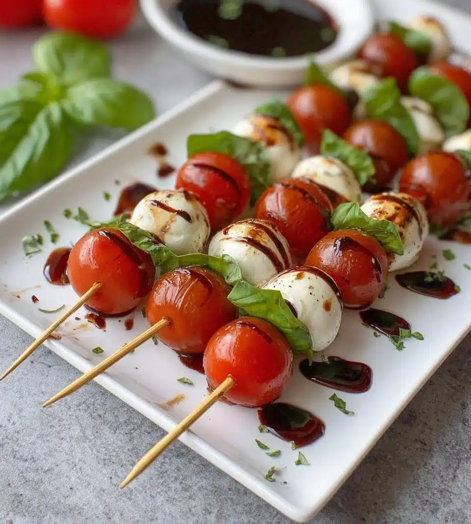 Delicious Caprese Skewers with cherry tomatoes, mozzarella, and fresh basil.