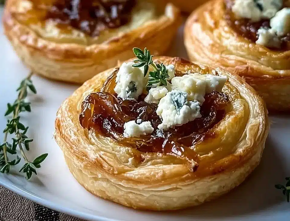Caramelized onion and goat cheese tarts served on a wooden platter