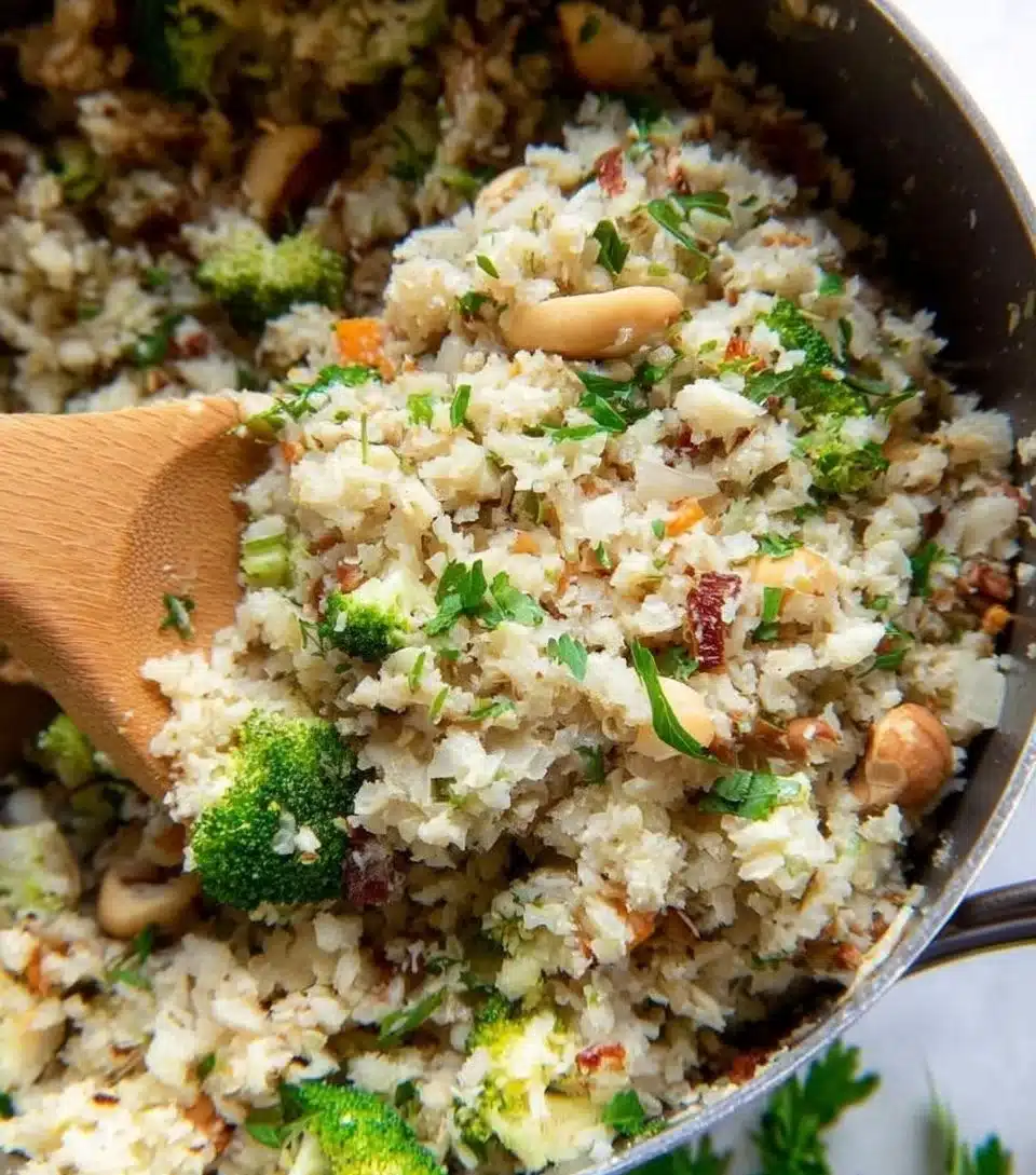 Delicious Cauliflower Rice Pilaf served in a bowl with vegetables