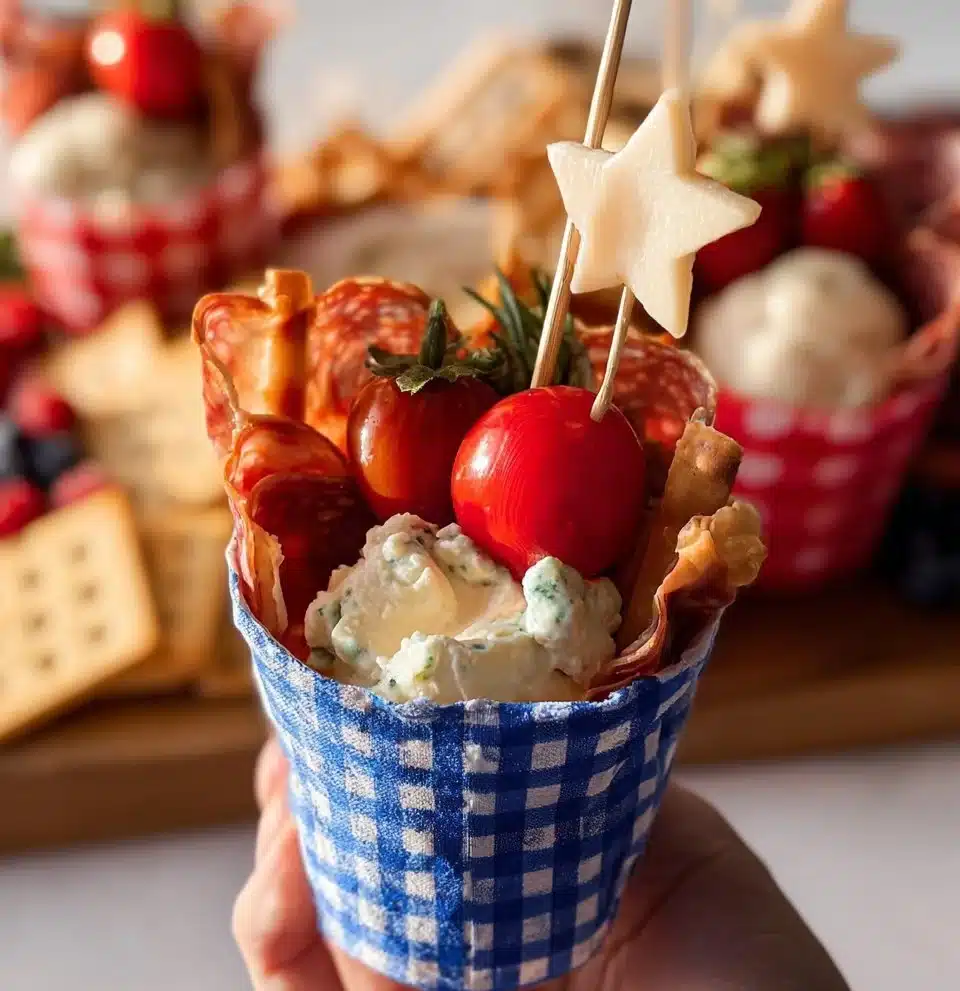 Delicious charcuterie cups filled with cheese, meats, fruits, and nuts.