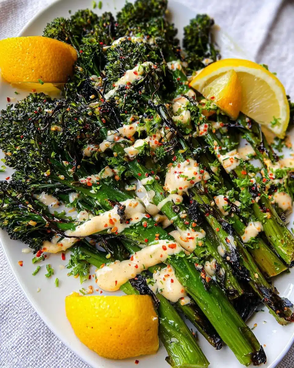 Plate of charred broccolini with a drizzle of olive oil