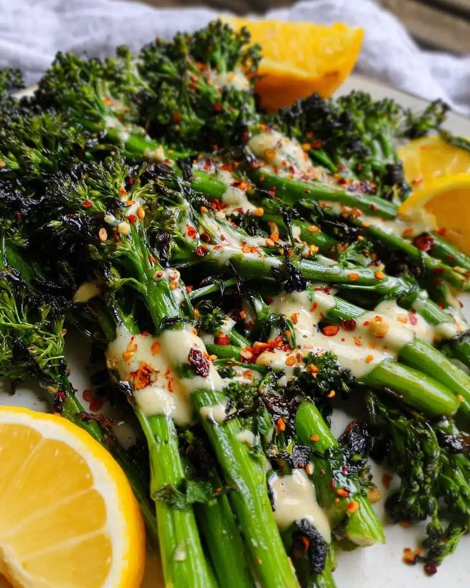 Charred Broccolini with Miso-Tahini Drizzle