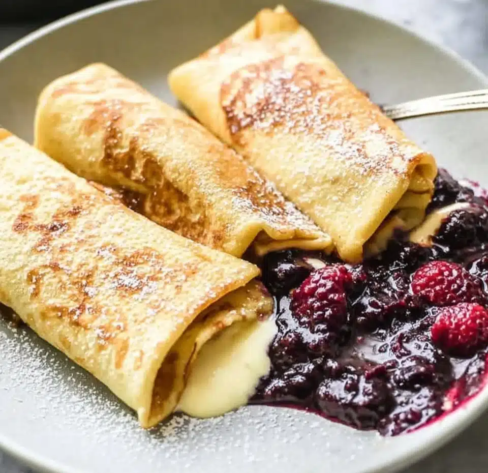 Delicious cheese blintzes served with fruit toppings and powdered sugar.