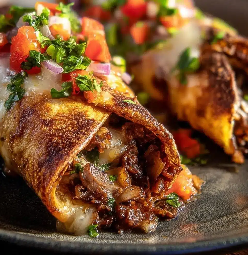 Delicious Cheese Steak Chimichangas garnished with fresh toppings