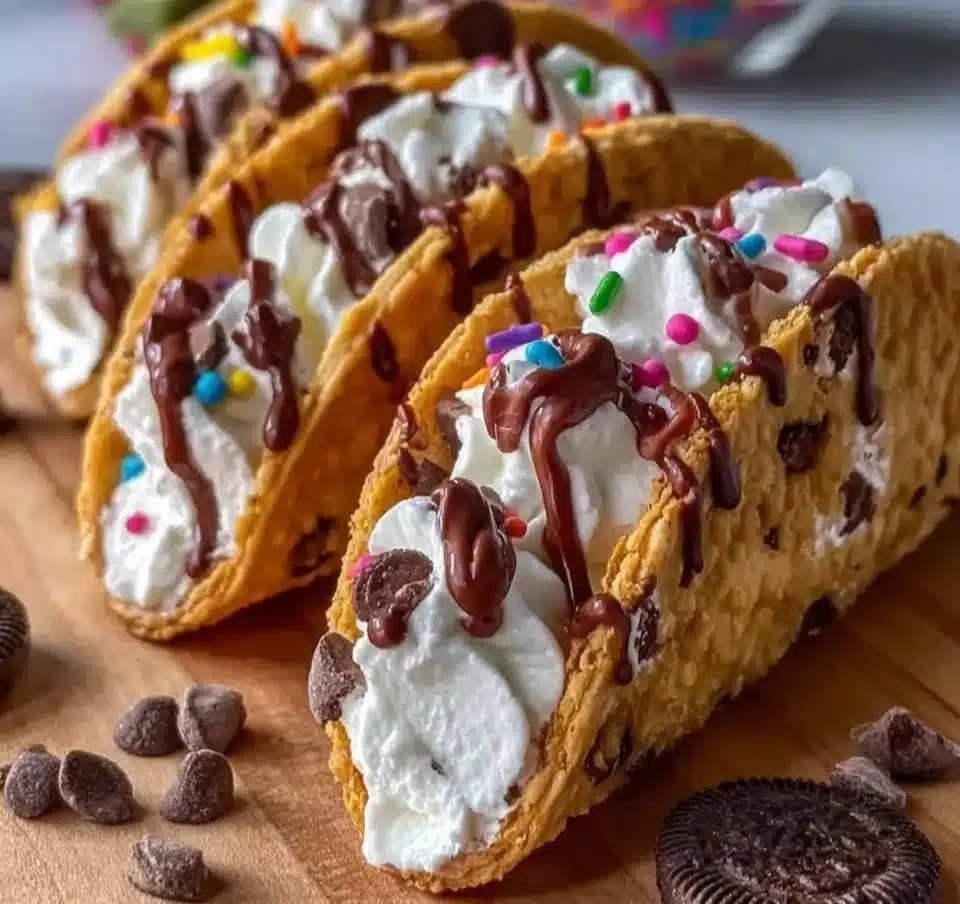 Delicious cheesecake cookie tacos layered with creamy cheesecake filling