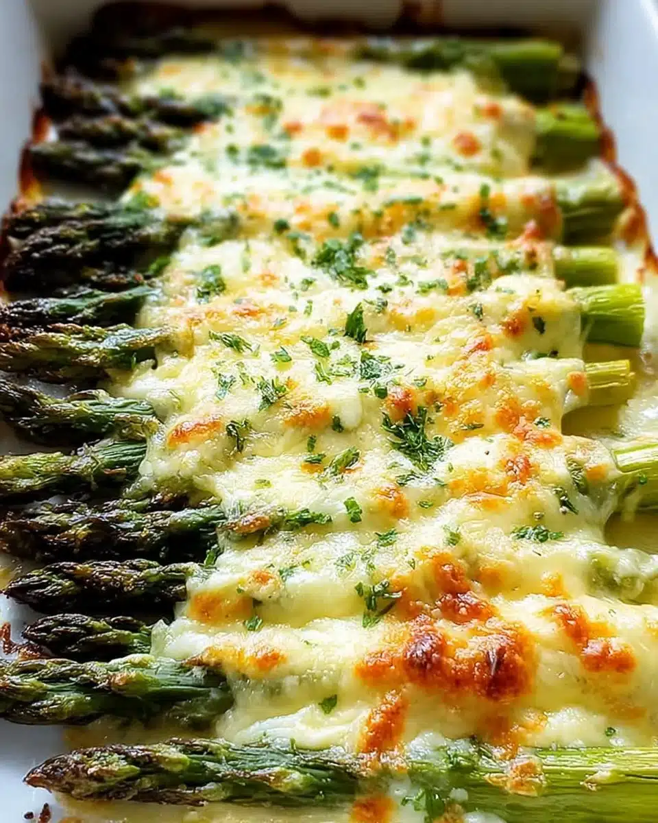 Cheesy baked asparagus dish garnished and ready to serve