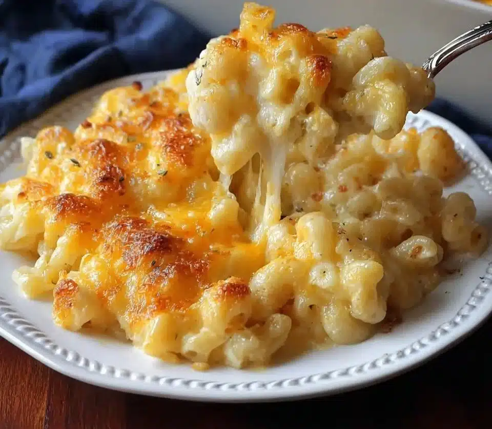 Baked mac and cheese dish topped with melted cheese and breadcrumbs