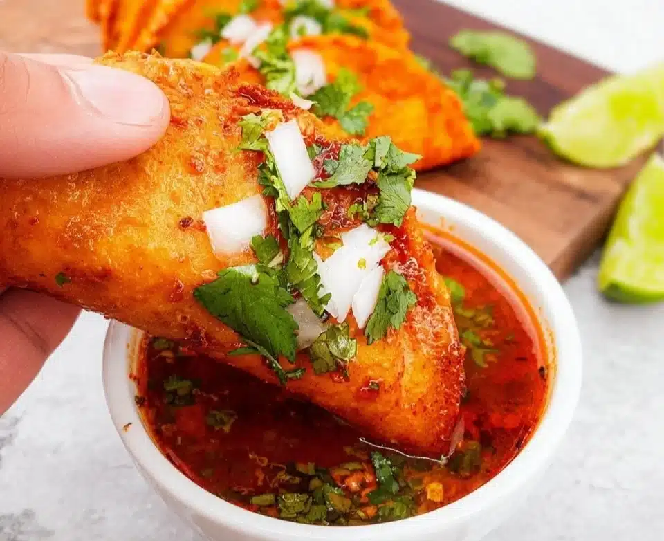 Cheesy Birria Tacos with melted cheese and flavorful consomé