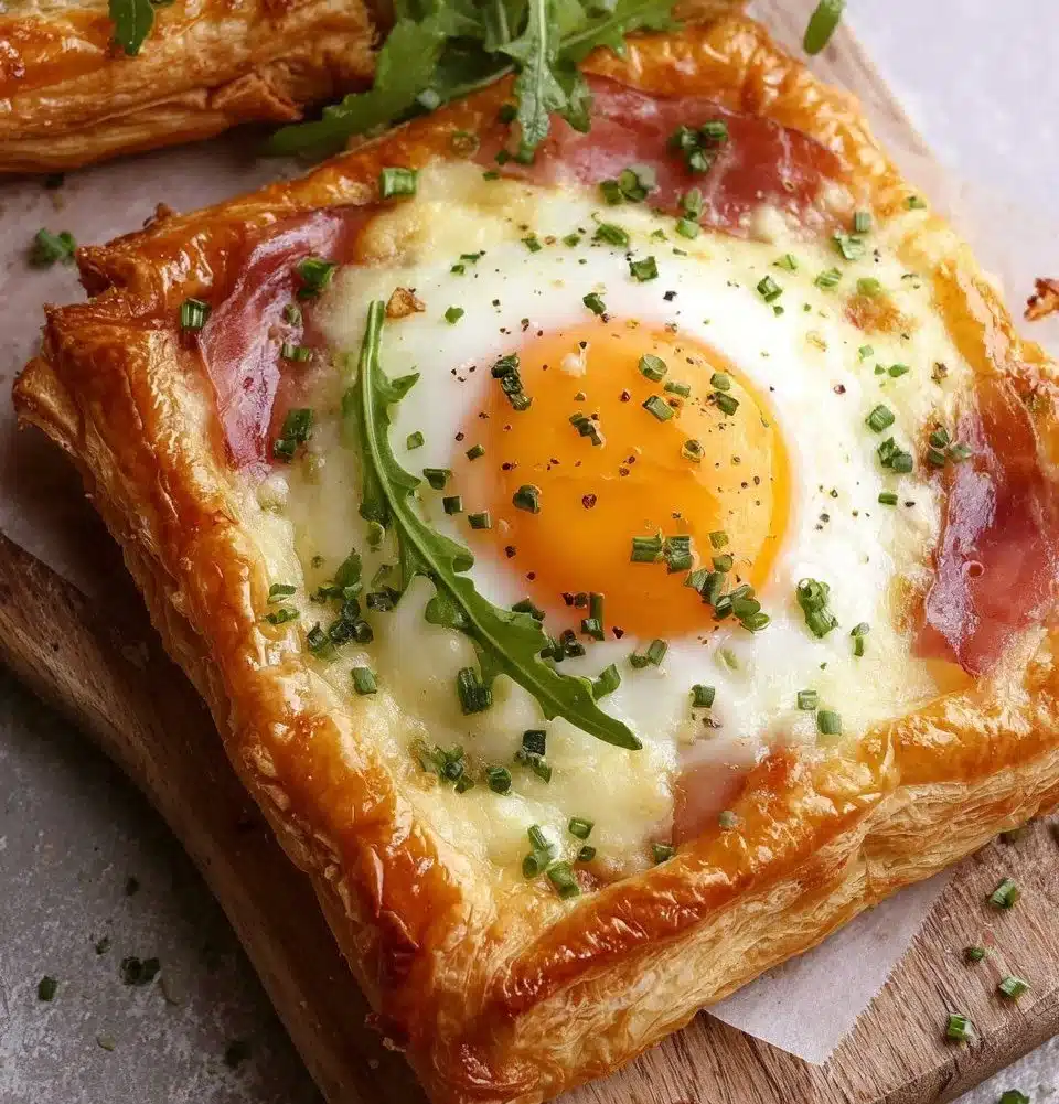 Cheesy puff pastry Croque Madame topped with eggs and béchamel sauce
