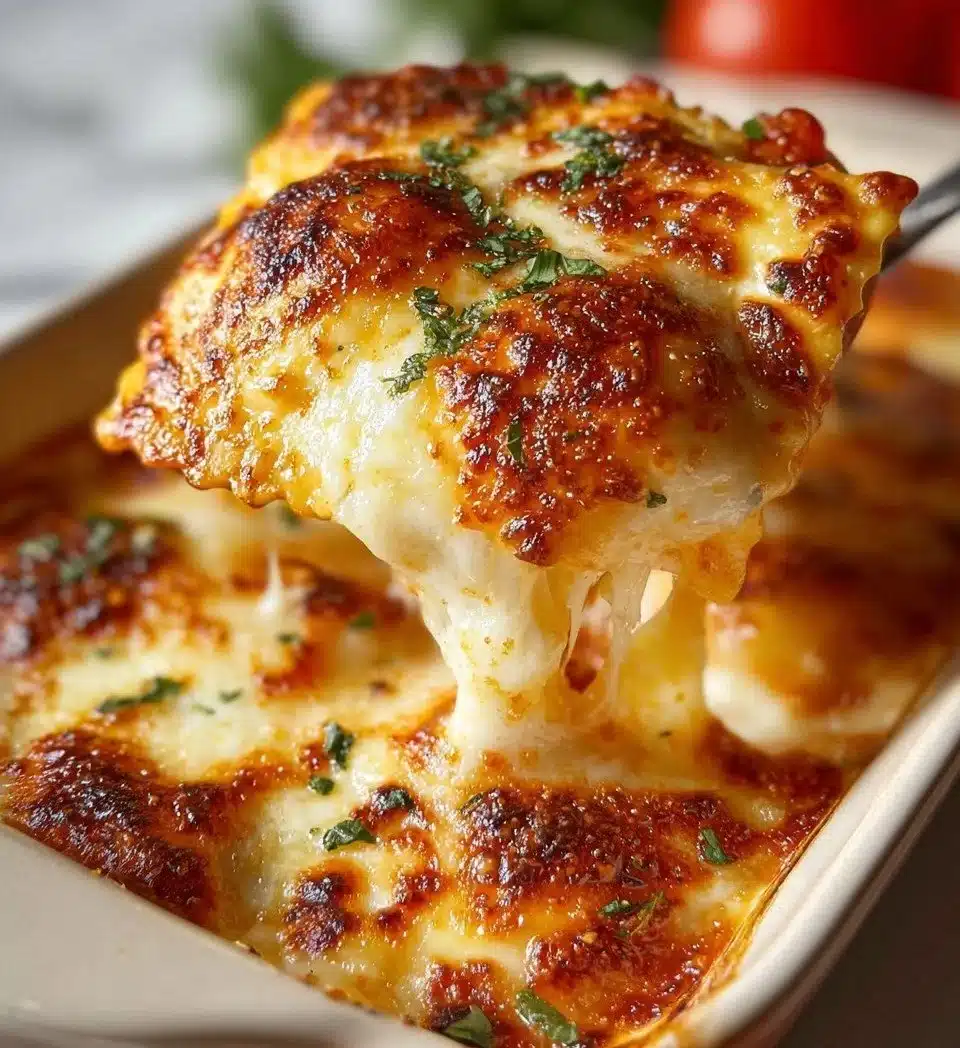 Cheesy ravioli bake topped with melted cheese and herbs
