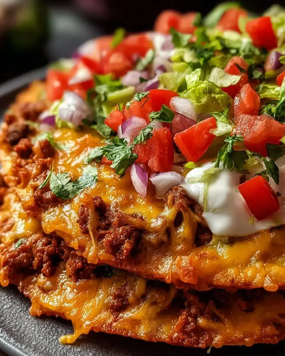 Taco Bell Mexican pizza topped with cheese and tacos, delicious and appetizing.