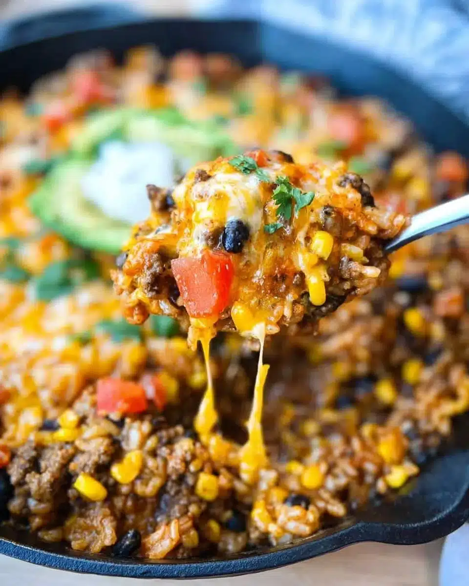 Cheesy Taco Rice Skillet dish garnished and ready to serve