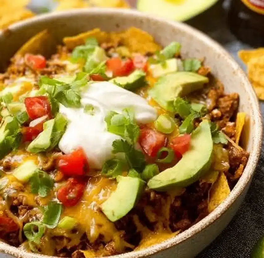 Cheesy Turkey Taco Skillet topped with melted cheese and fresh ingredients.