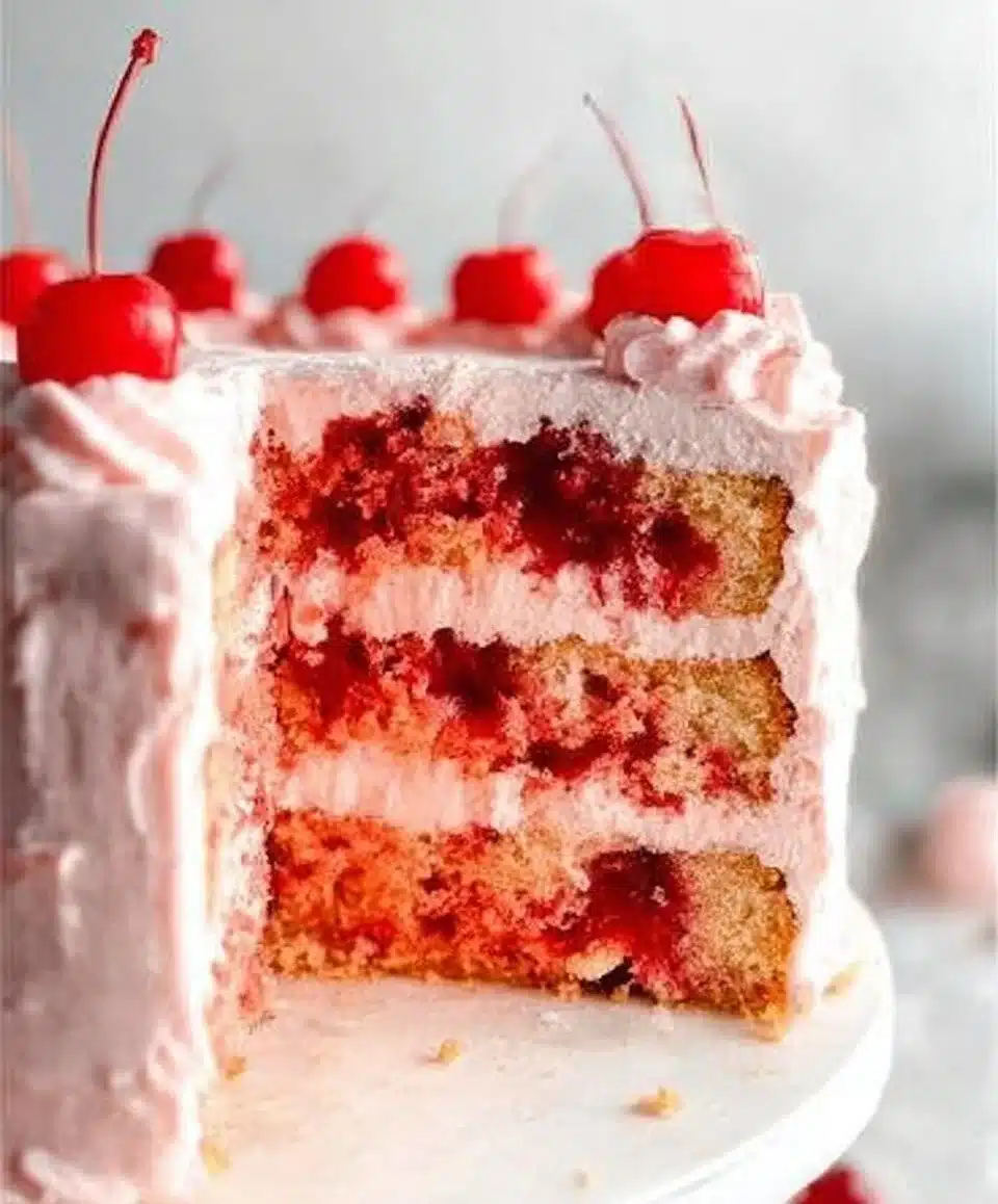Delicious Cherry Chip Cake decorated with cherries and chocolate chips