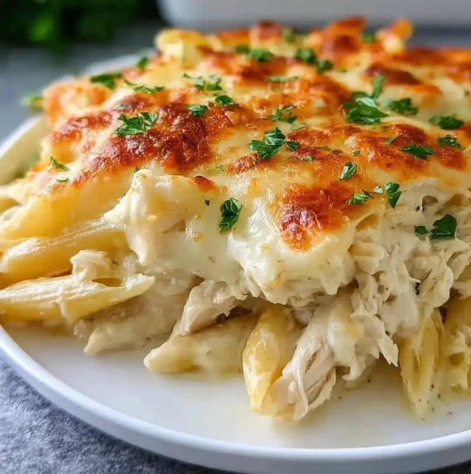 Delicious Chicken Alfredo Casserole topped with cheese and herbs