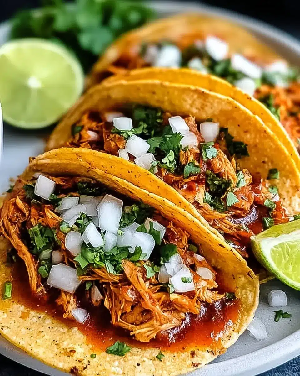 Delicious Chicken Birria Tacos served with rich dipping sauce.