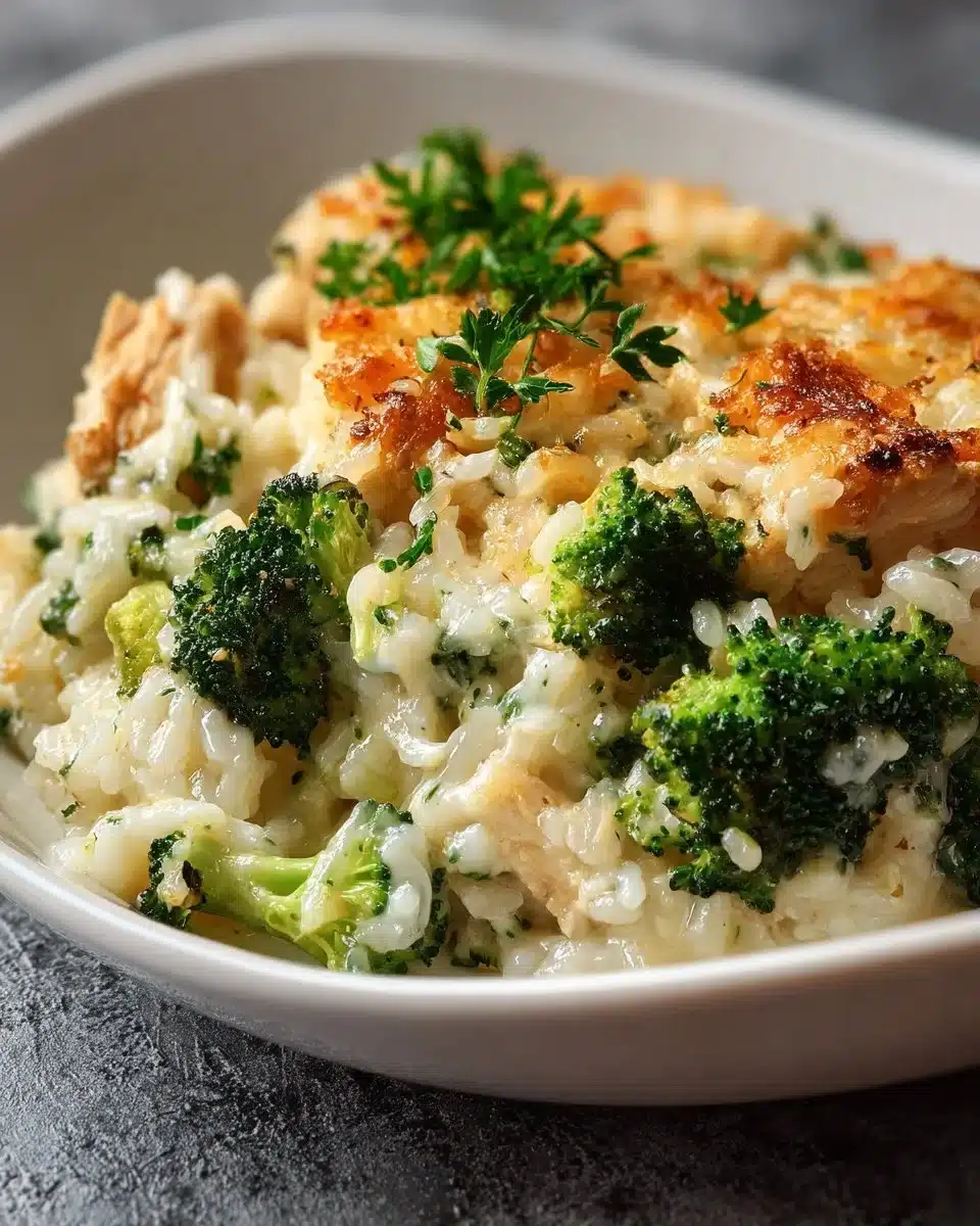 Chicken Broccoli Rice Casserole baked in a dish, topped with cheese and broccoli.