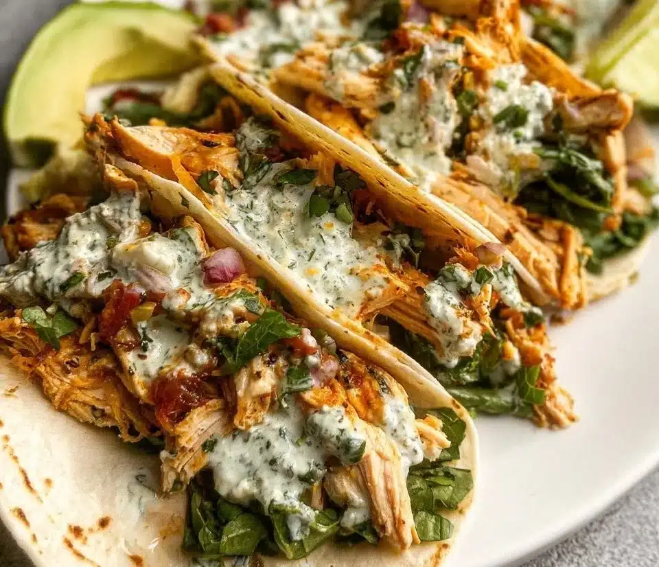 Delicious Chicken Chimichurri Tacos topped with fresh herbs and vibrant sauce