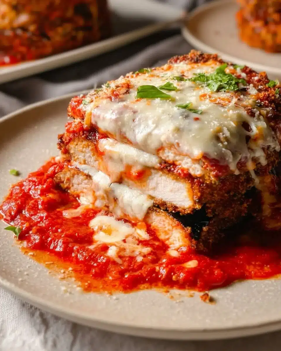 Delicious Chicken Eggplant Parmesan with melted cheese and marinara sauce