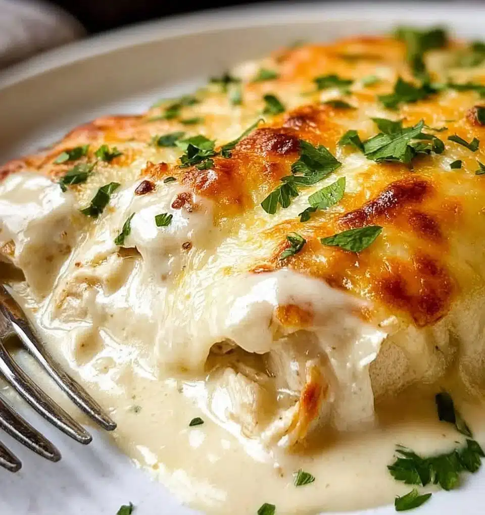 Delicious Chicken Enchiladas topped with Sour Cream White Sauce on a plate