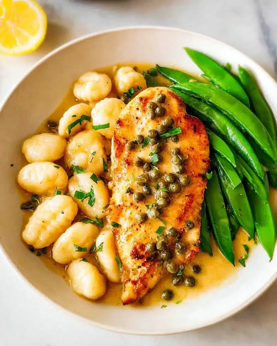 Plate of Chicken Piccata with gnocchi and lemon sauce garnished with parsley