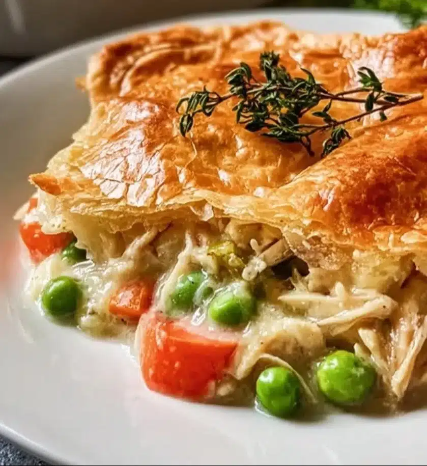Delicious Chicken Pot Pie Casserole topped with golden crust and fresh herbs.