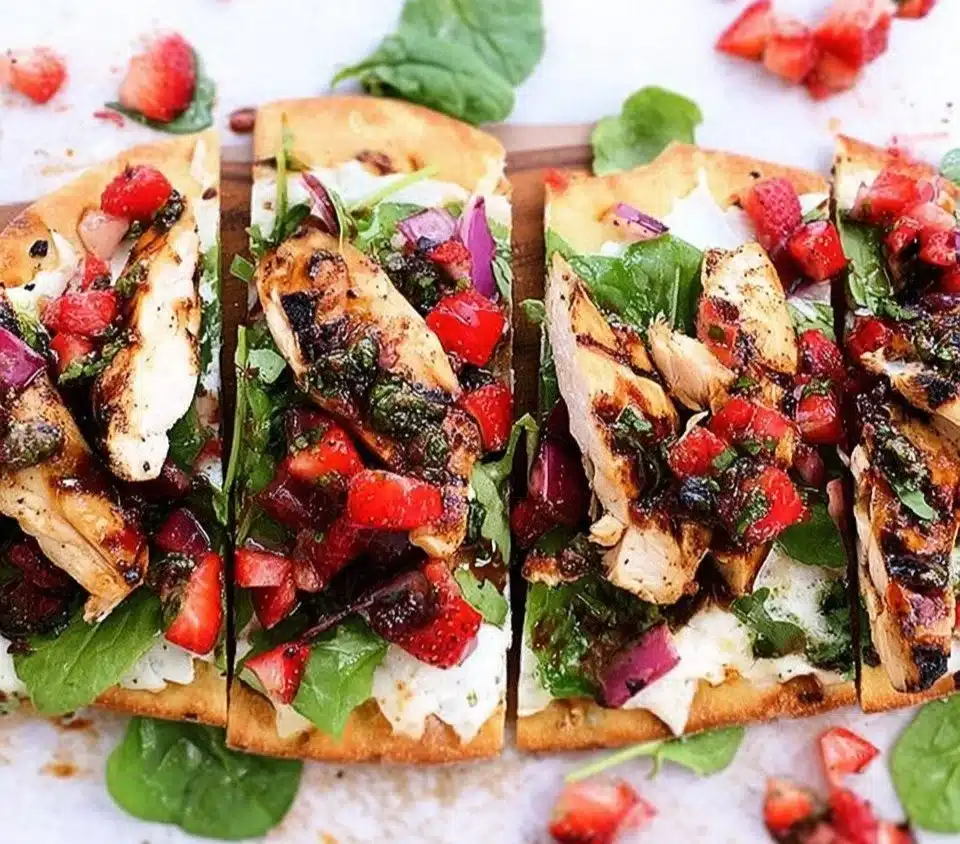 Chicken Salad Pizza topped with fresh strawberry salsa, perfect for a summer meal.
