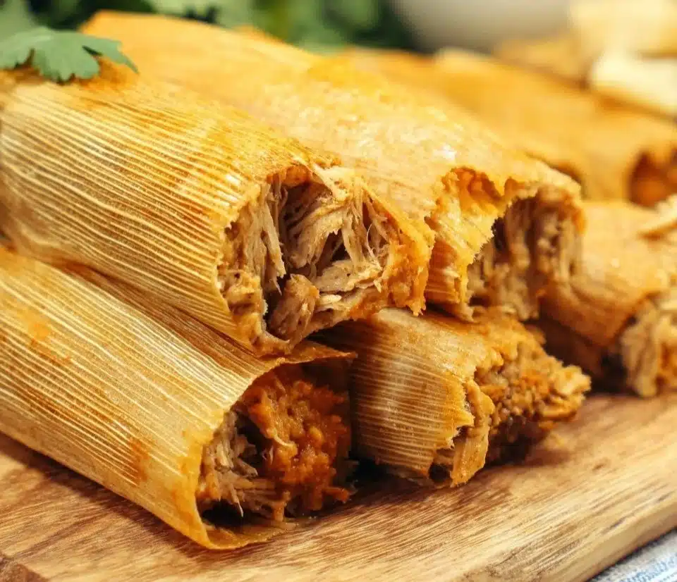 Delicious Chicken Tamales served with salsa and garnished with fresh herbs
