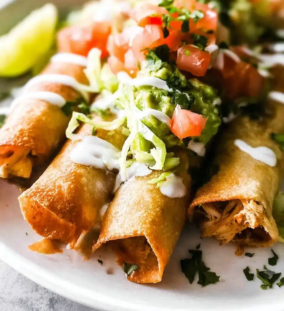 Golden brown Chicken Taquitos filled with seasoned chicken and spices