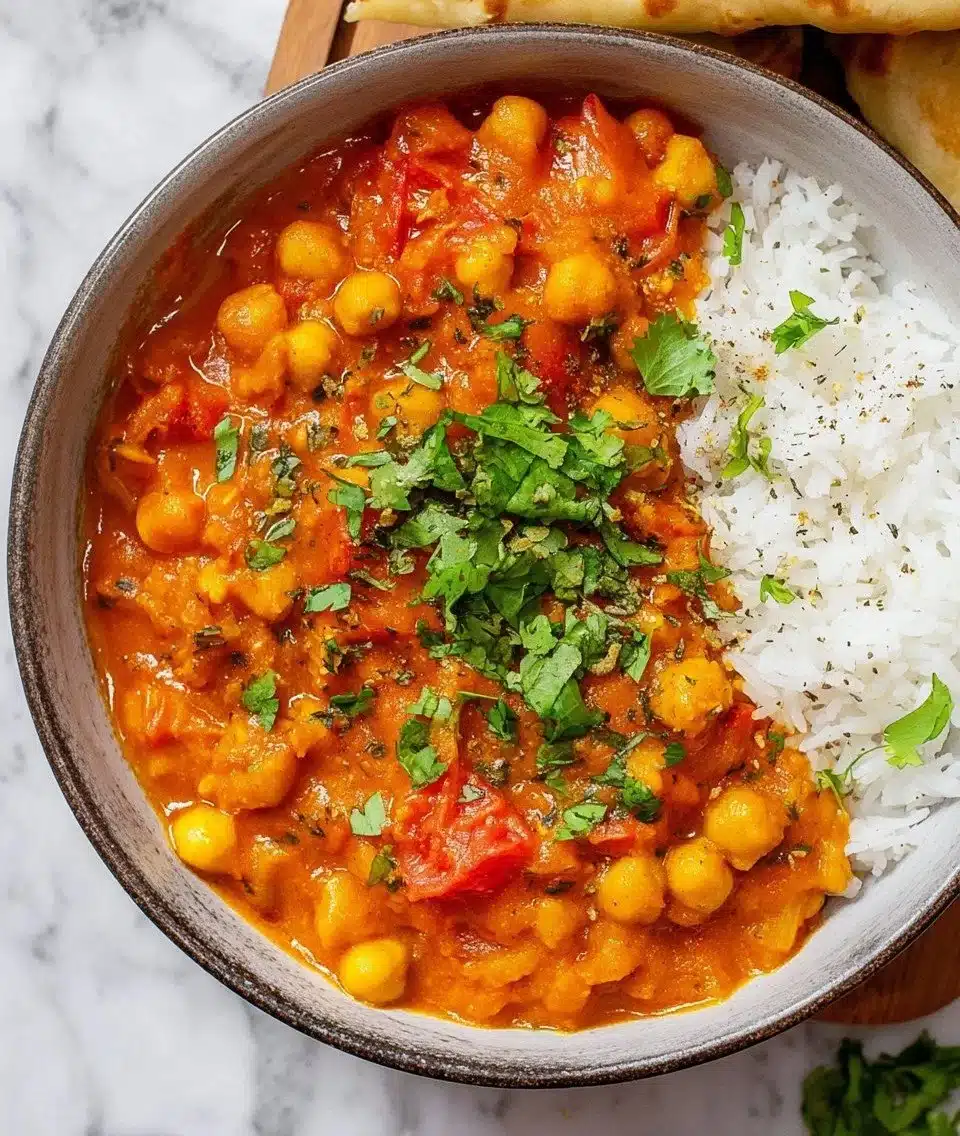 Bowl of Chickpea Tikka Masala garnished with cilantro and served with rice