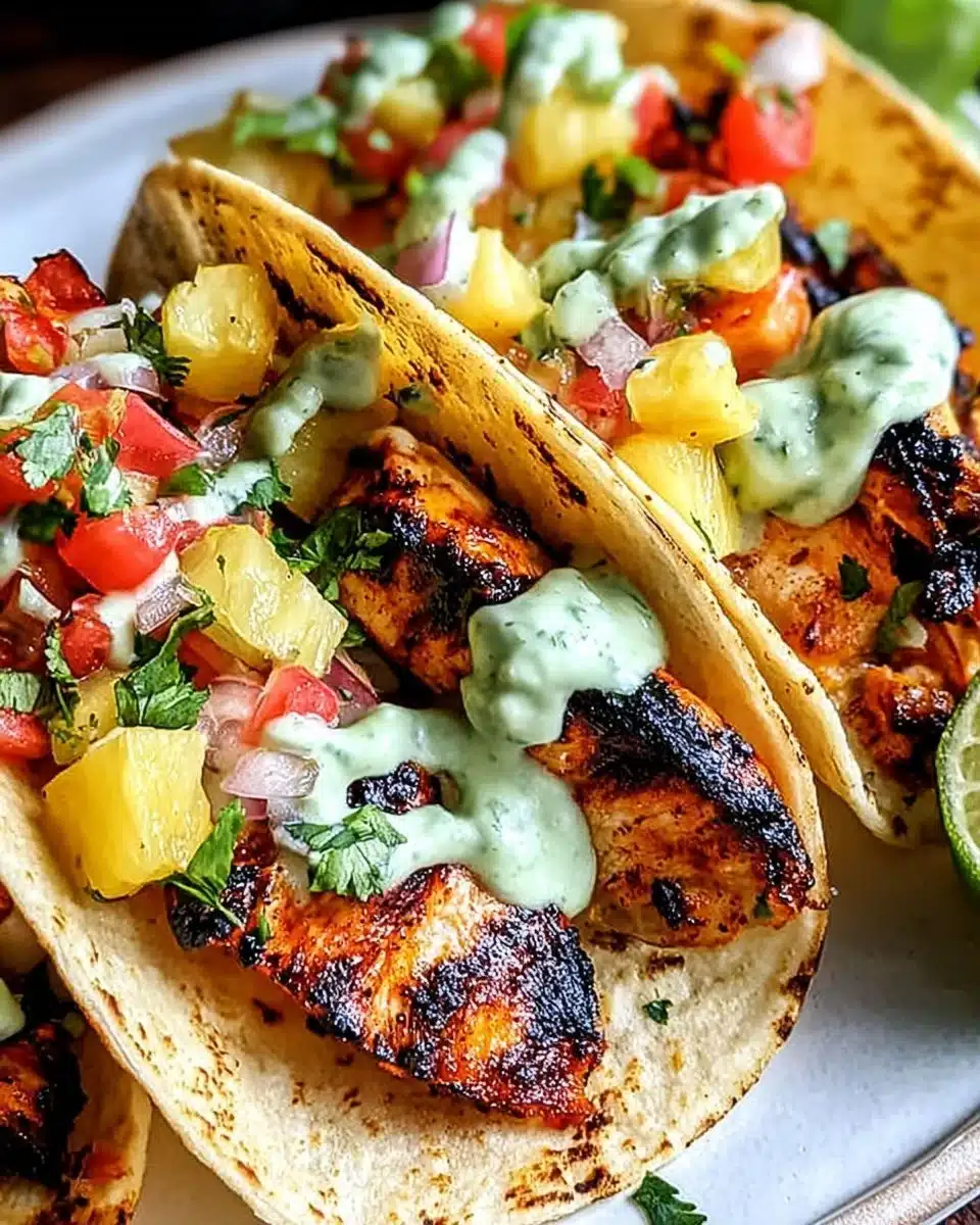 Chili Chicken Tacos topped with grilled pineapple salsa on a serving plate.