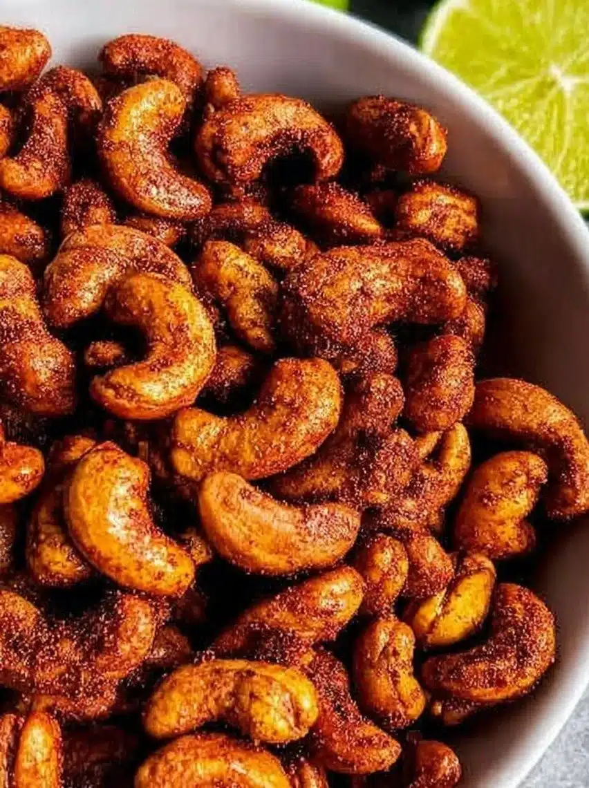 A bowl of spicy chili lime cashews on a wooden table.