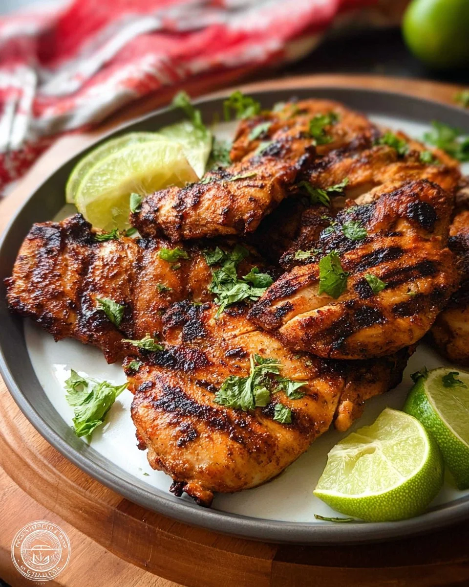 Grilled Chili Lime Chicken garnished with fresh herbs and lime wedges