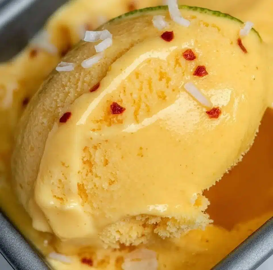 Delicious bowl of Chili Lime Mango Sorbet garnished with lime slices and chili flakes
