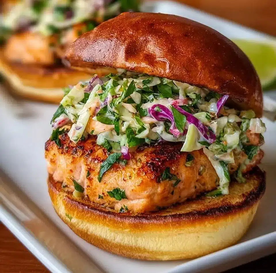 Spicy chipotle salmon burgers served on a plate with fresh toppings