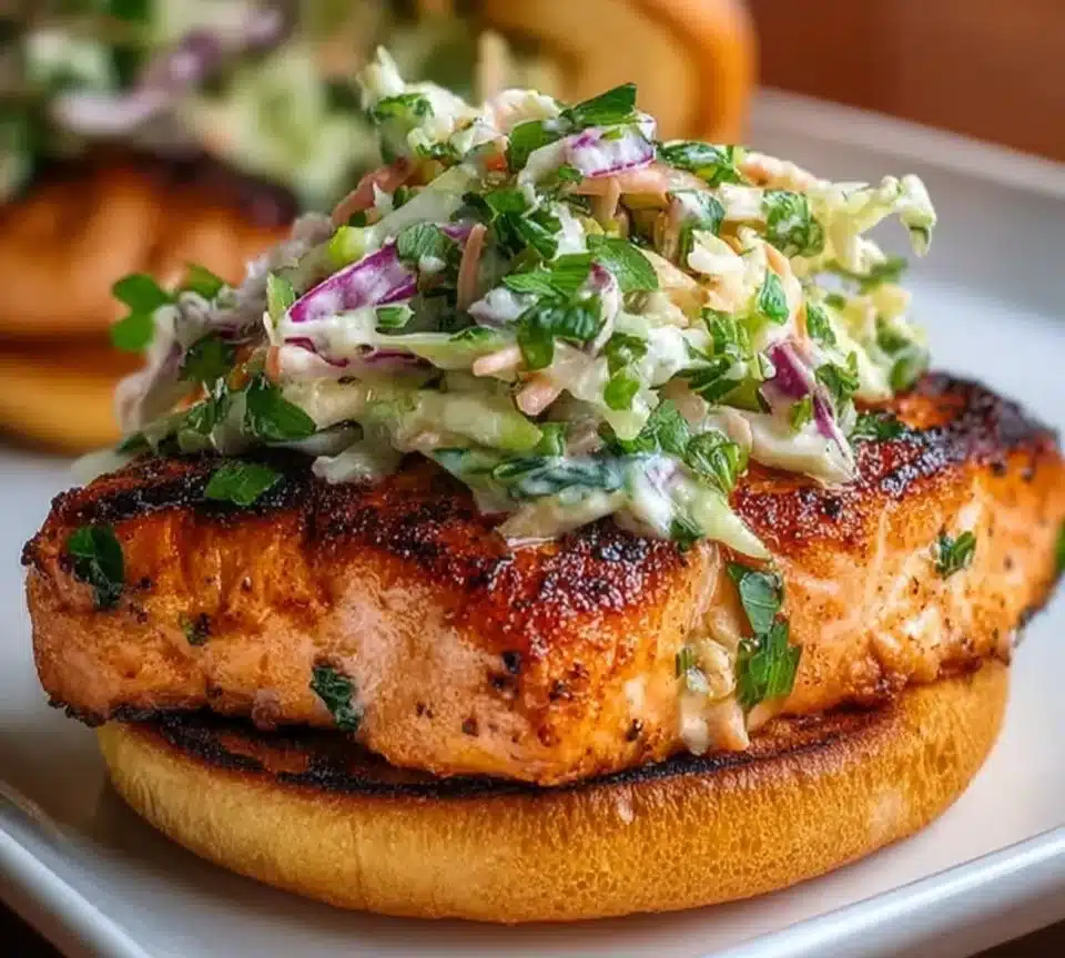 Chipotle Salmon Burgers with Cilantro Lime Slaw