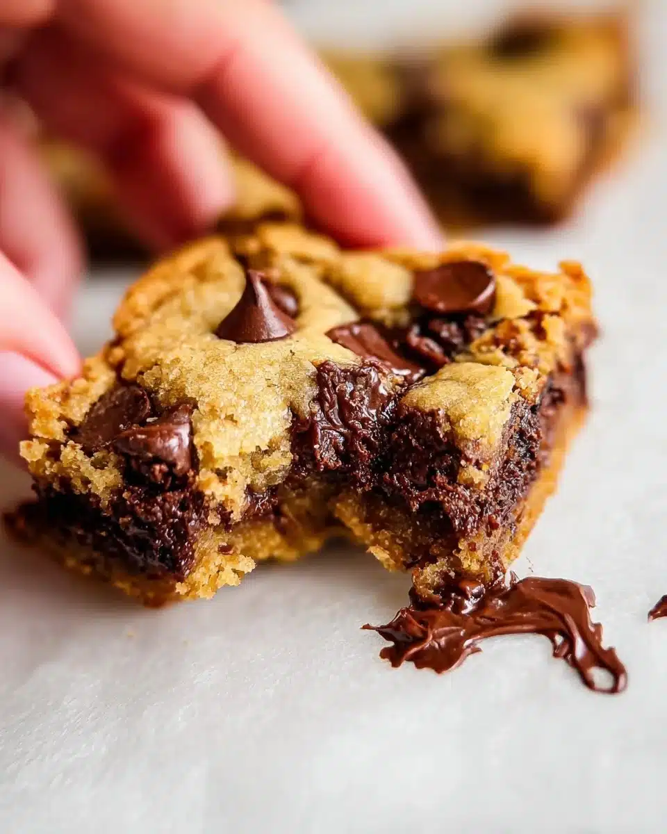 Delicious chocolate chip cookie bars baked to perfection with gooey chocolate chips.