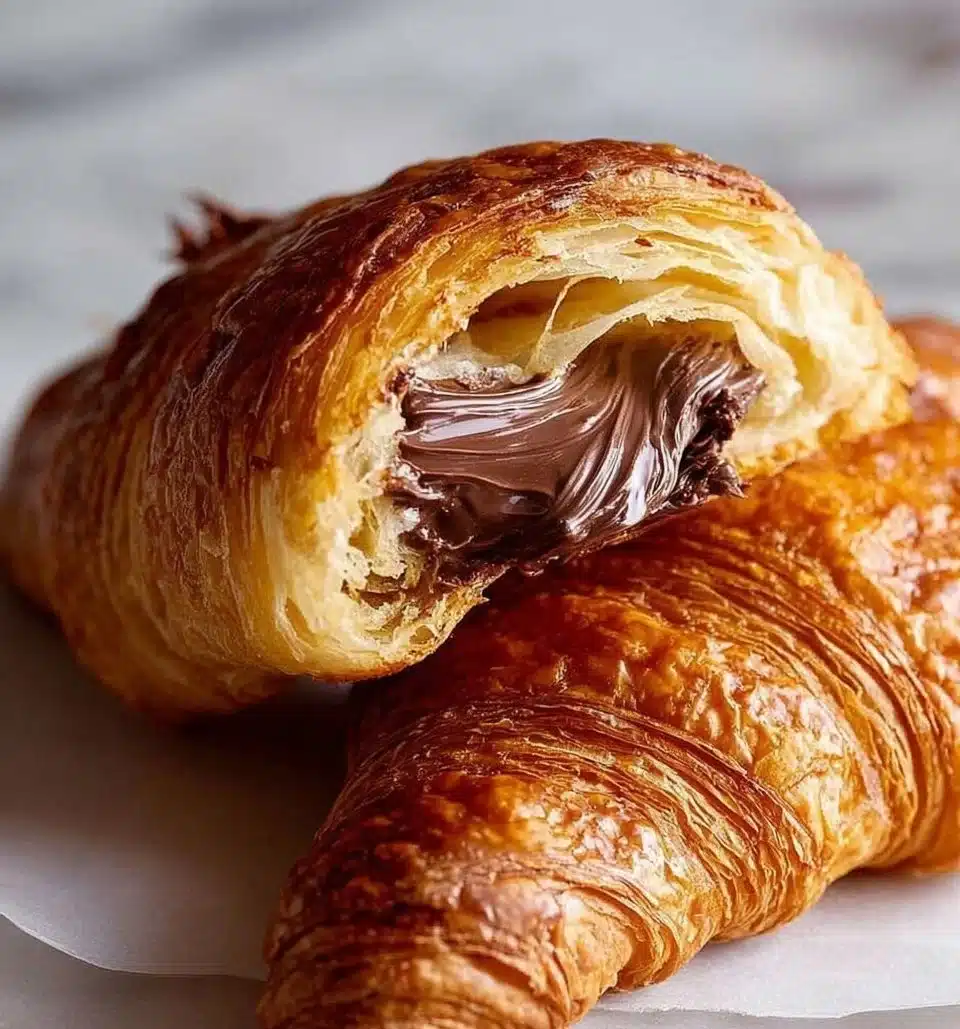 Freshly baked chocolate croissant with melted chocolate filling