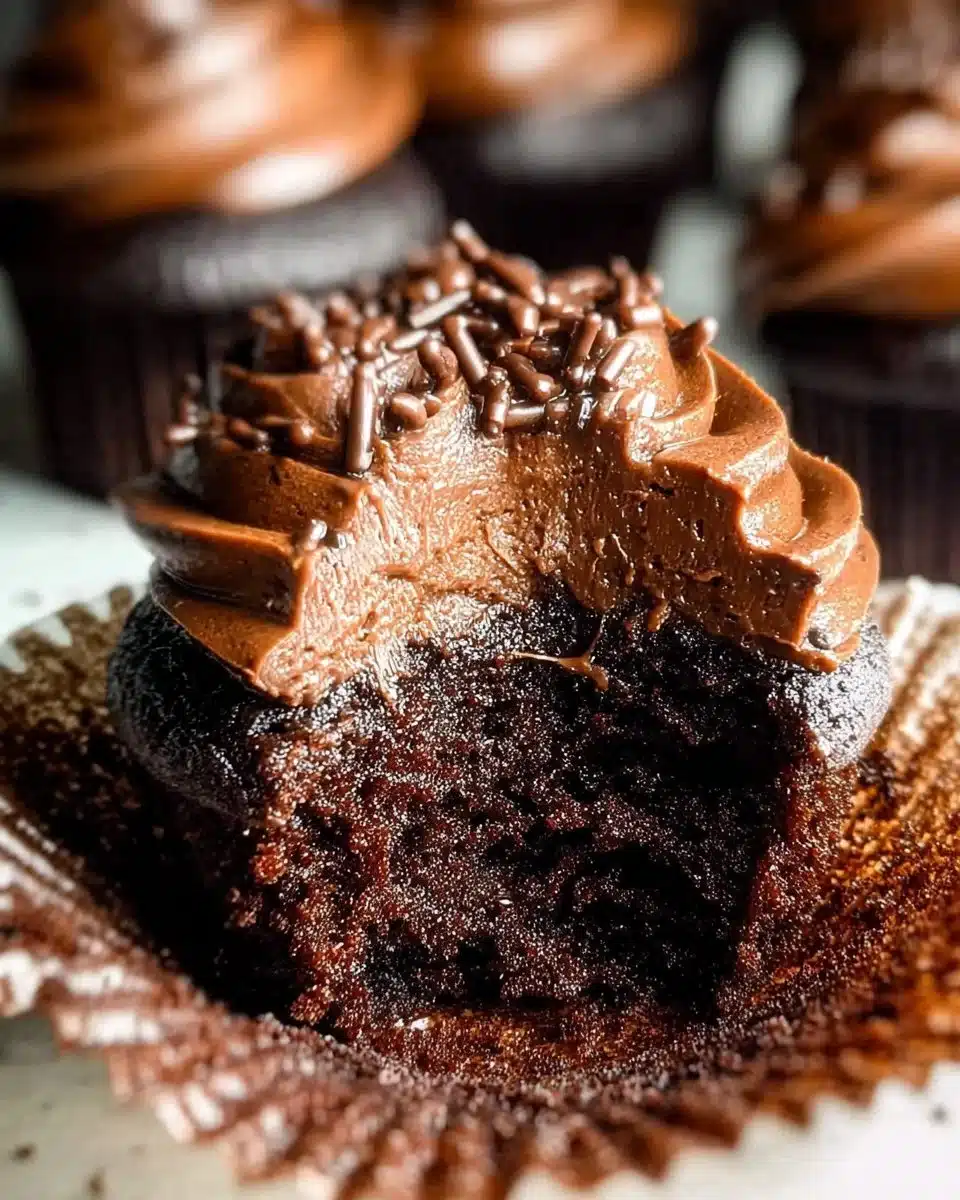Delicious chocolate cupcakes topped with creamy frosting and sprinkles