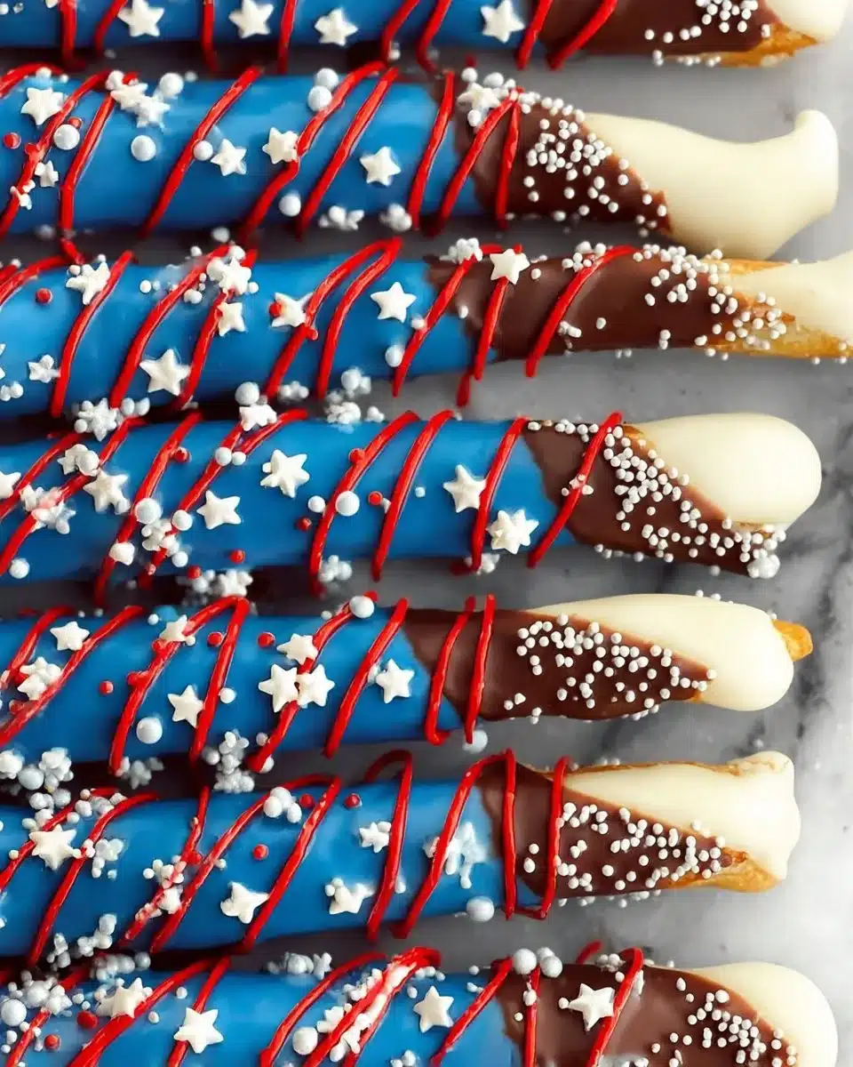 Chocolate dipped pretzel rods decorated with sprinkles on a white plate