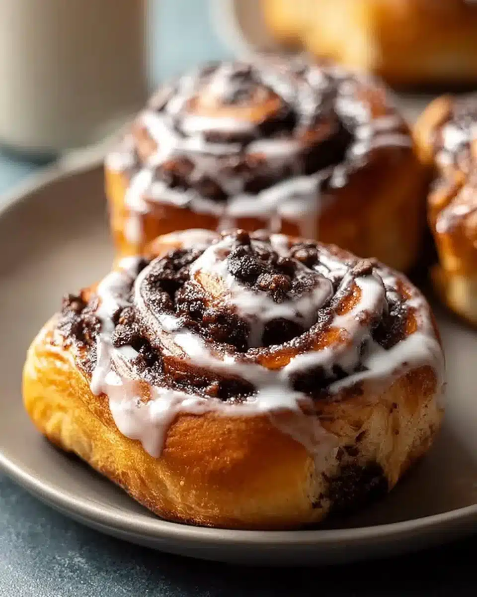 Freshly baked Chocolate Espresso Rolls topped with chocolate glaze