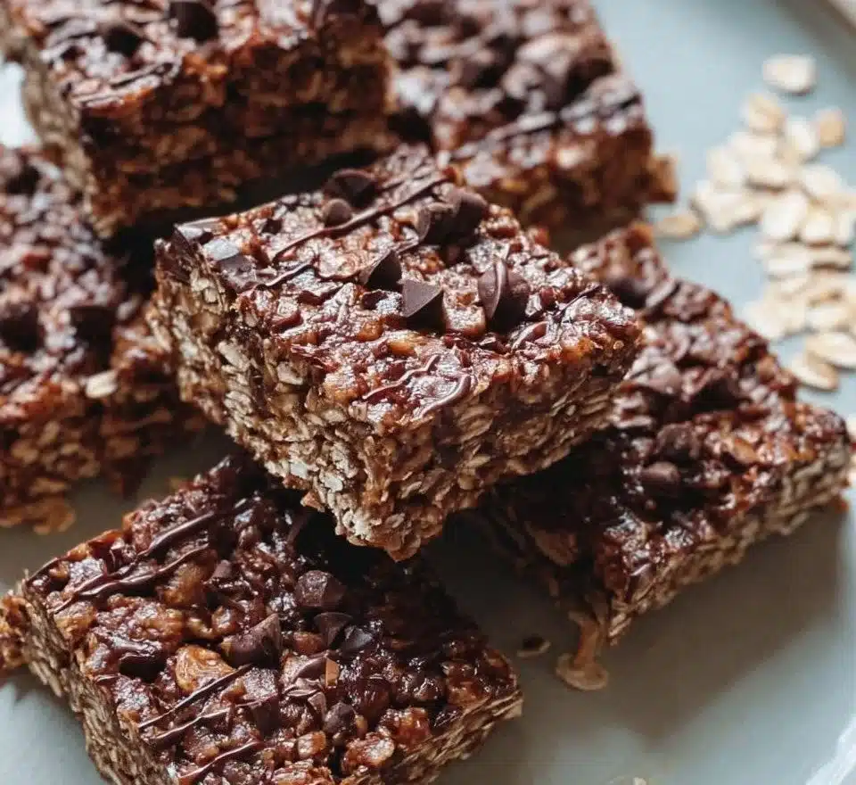 Delicious homemade chocolate oat bars stacked on a wooden board