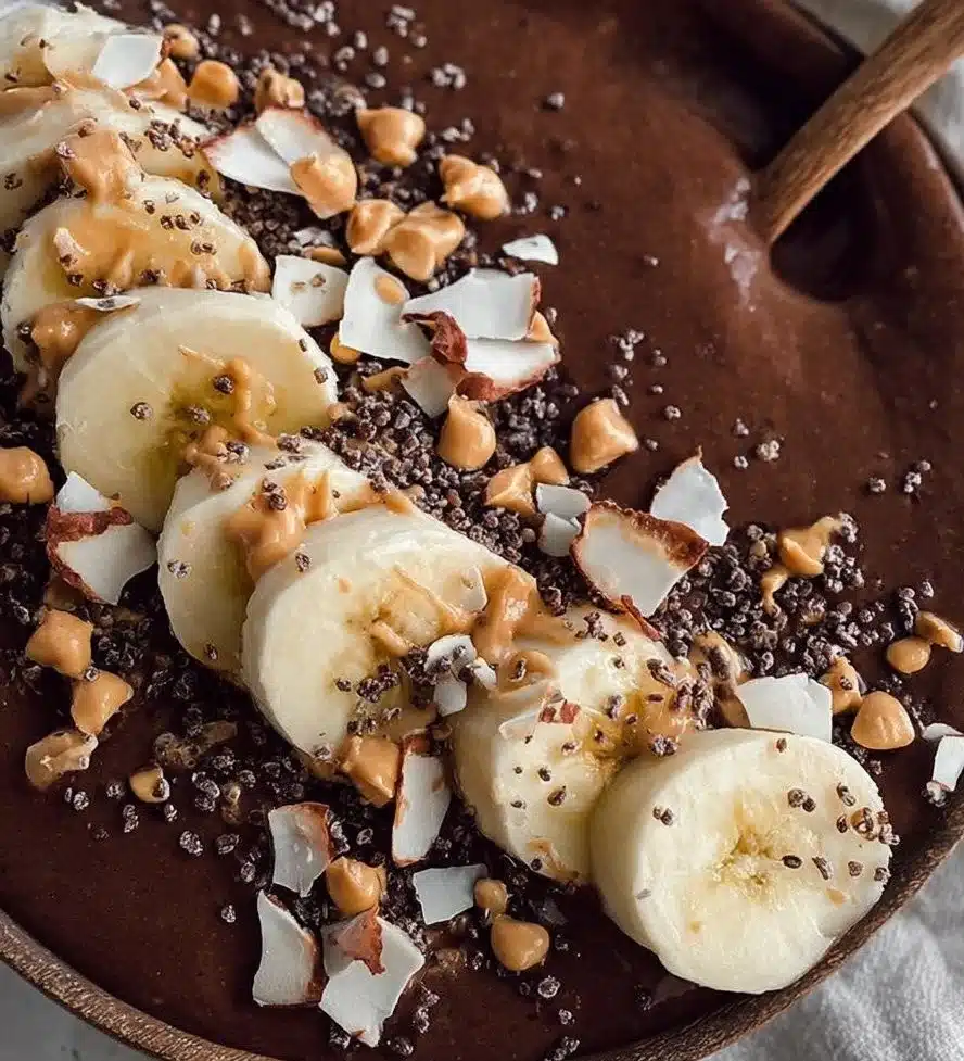 Chocolate peanut butter smoothie bowl topped with fruits and nuts