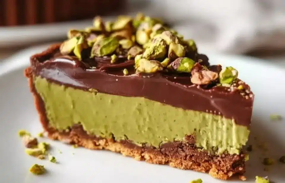 Delicious chocolate pistachio tart topped with chopped nuts