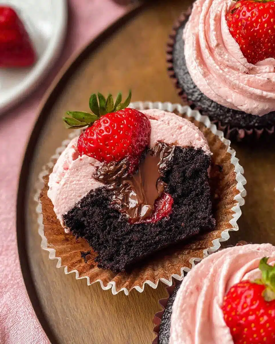 Delicious Chocolate Strawberry Cupcakes topped with fresh strawberries and chocolate drizzle