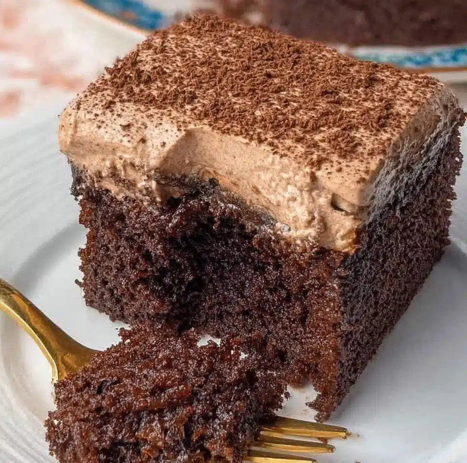 Delicious Chocolate Three Milks Cake topped with whipped cream and chocolate sprinkles.