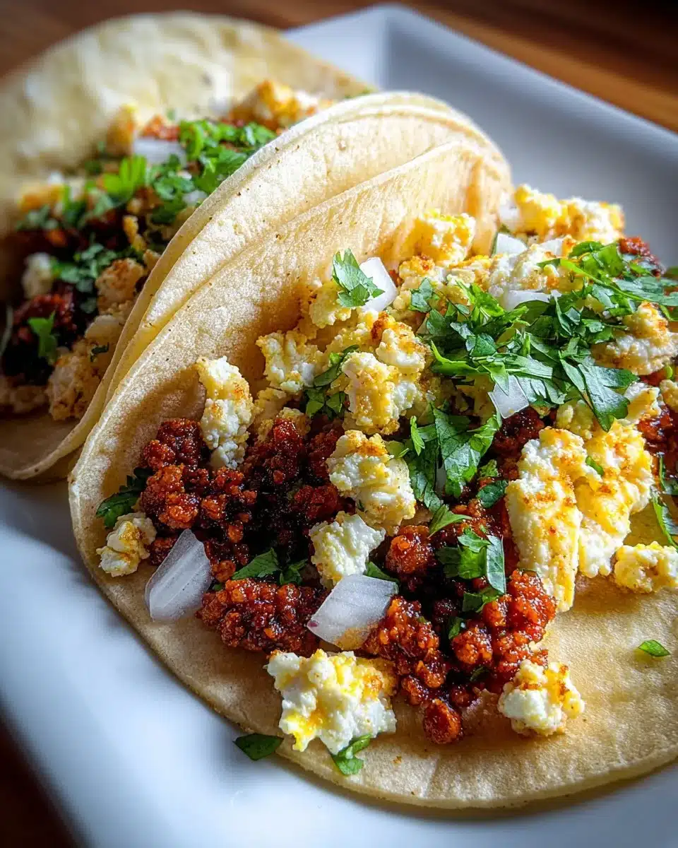 Delicious chorizo egg tacos served with fresh toppings and salsa.